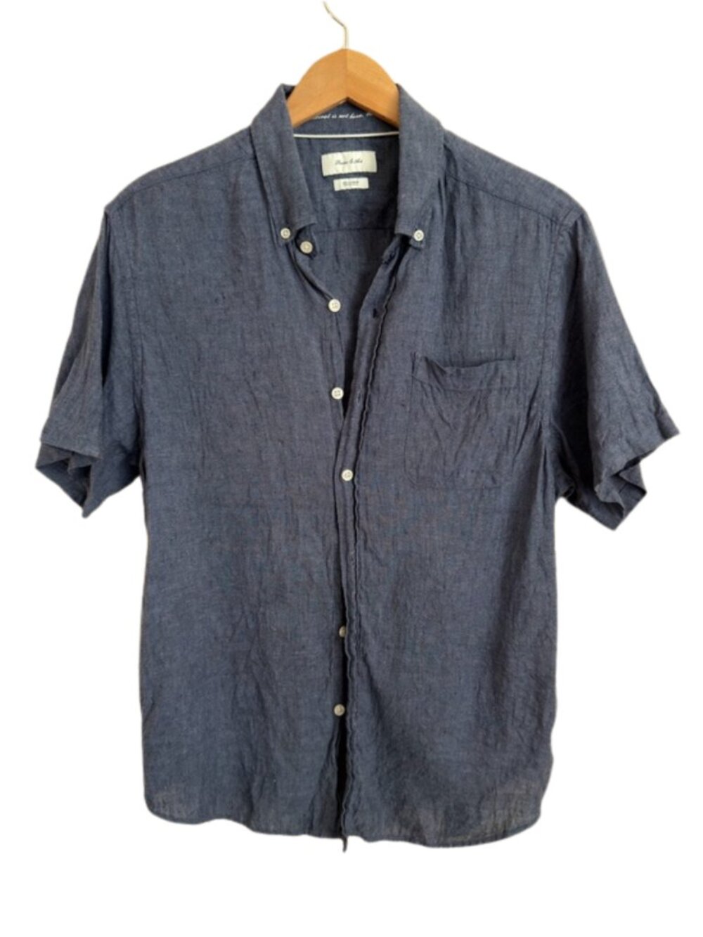 100% Linen Button Up Shirt Large Blue Short Sleeve Beach Resortwear Casual Men